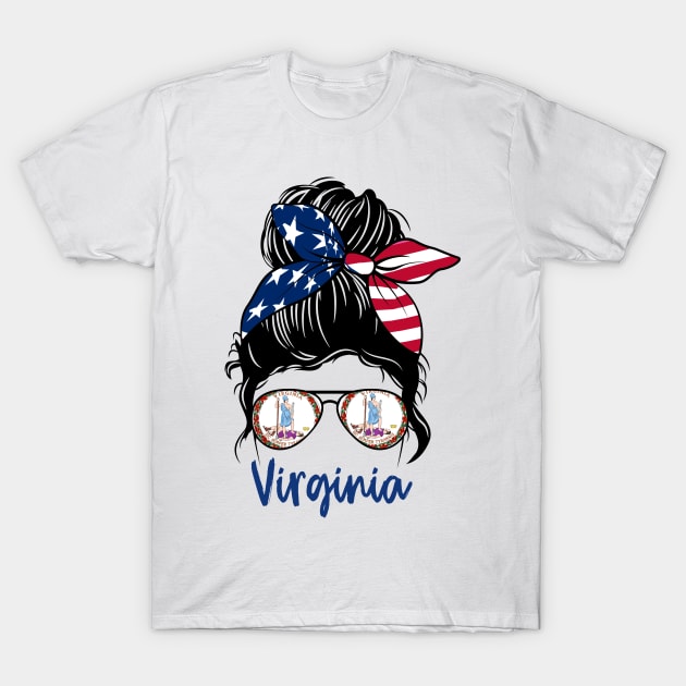 Virginia girl Messy bun , American Girl , Virginia Flag T-Shirt by JayD World